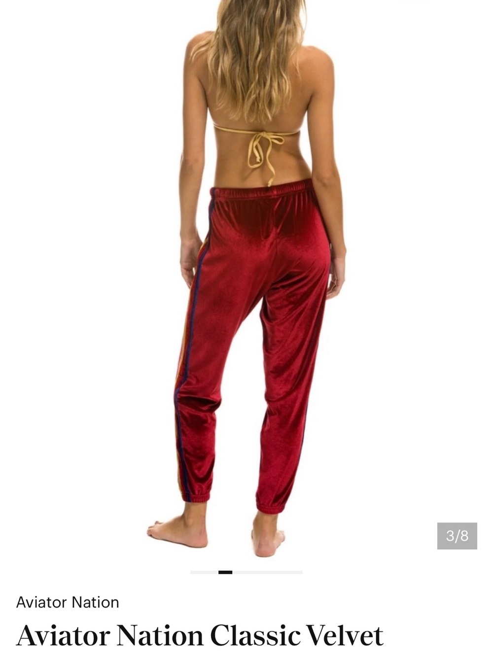 Aviator Nation Velvet 5-Stripe Joggers in Red. Size S